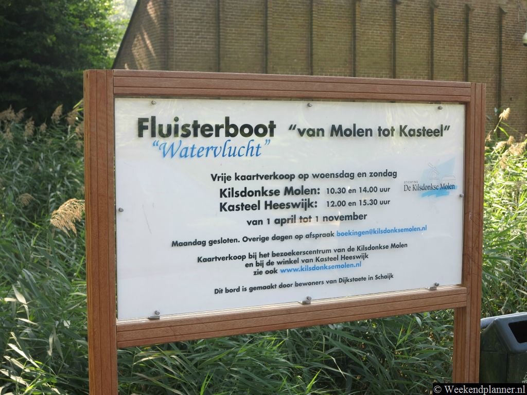 Bij de Kilsdonkse Molen vertrekken fluisterboten over de Aa naar Kasteel Heeswijk.  De molen is ook een leuke bestemming in de buurt van het kasteel. Er is een bezoekerscentrum met terras.Adres: Kilsdonkseweg 4, Heeswijk Dinther.Tip: De kastelen bij Den Bosch.