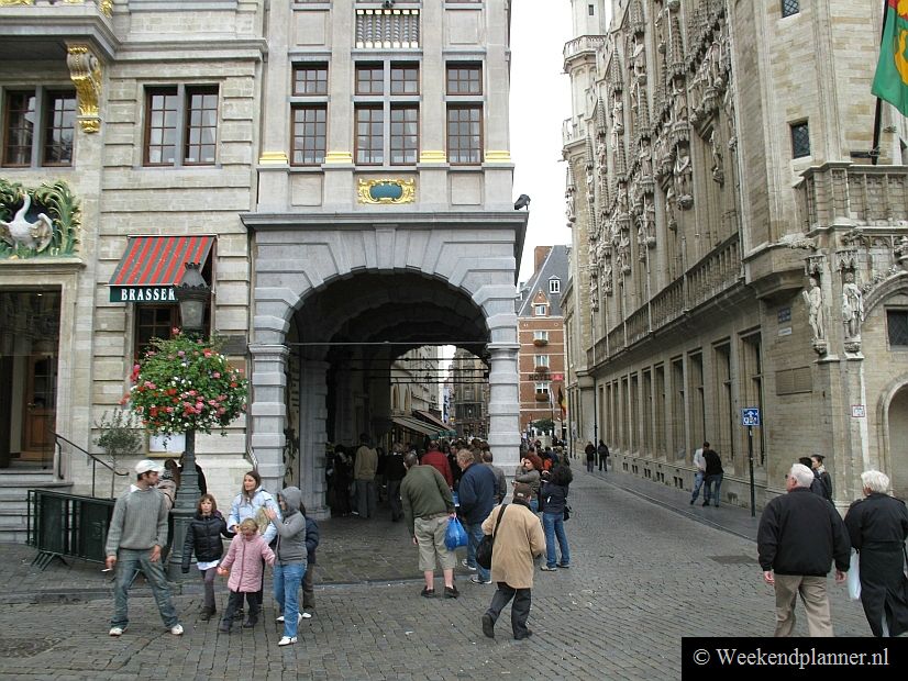 Het gebouw met de zwaan is het gebouw van het gilde van slagers. Het kleine gebouw met de arcade is het voormalige woonhuis De Sterre.