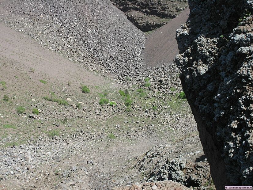 Dit is de inhoud van de krater. Veel vulkanische stenen en er is geen rook.Tips: Een bezoek aan de Vesuvius.