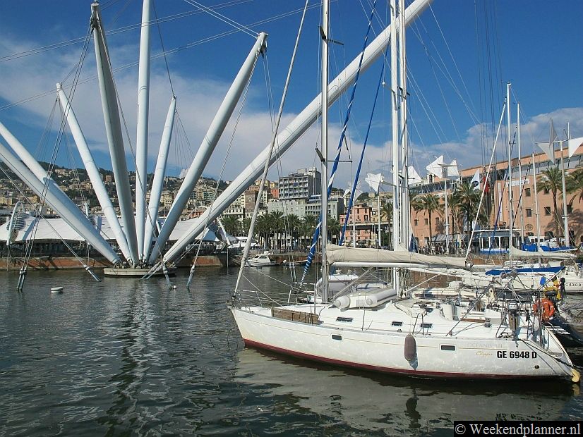 Dit is Il Bigo, een ijzeren attractie in de oude haven. Het is een reconstructie van de kraan die hier vroeger stond. Je kunt met een lift langs de buitenkant naar boven voor het uitzicht. 