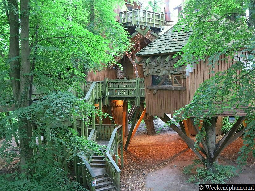 De achterzijde van het boomhuis gezien vanaf een touwbrug..