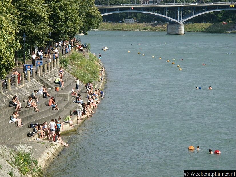 Op zonnige dagen is het op de noordelijke oever gezellig druk met jongeren die hier zitten, zonnebaden, pootjebaden en zwemmen.Tip: De reis naar Bazel.
